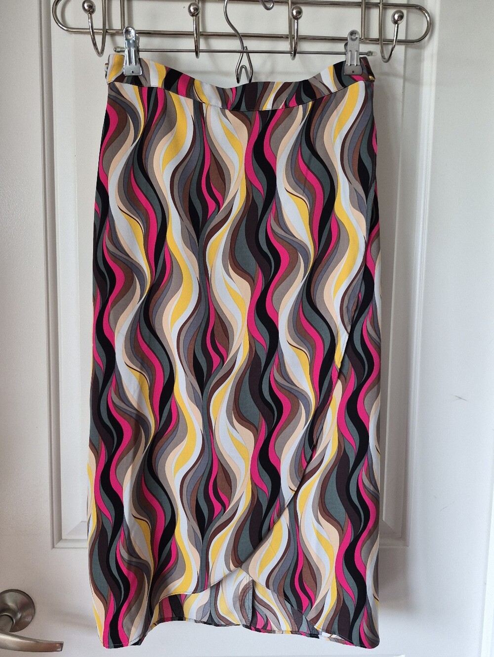 Wavy Multicolor Midi Skirt — Pink, Yellow, Black & Neutral Waves